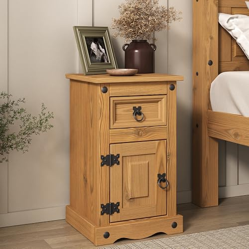 Corona Bedside Table 1 Door 1 Drawer Cabinet Pot Cupboard Lamp End Side Table Lounge Living Room Mexican Solid Pine Wax Finish