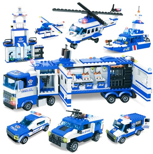 WYSWYG Building Blocks Set City Police Station, Building Police Sets for Kids,8 in 1 Police Station Set with Police Car,1039 Pcs Building Bricks for Kids 6+ Years,Blue