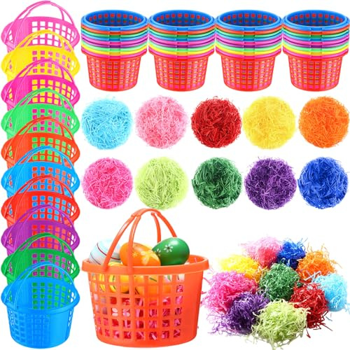 Wenqik 50 Pcs Plastic Easter Baskets for Kids Bulk 4.3 x 6.7 in Easter Egg Baskets Empty Plastic Buckets with Handle, 400g Easter Grass Stuffers Fillers for Party Favor Egg Hunt Gift