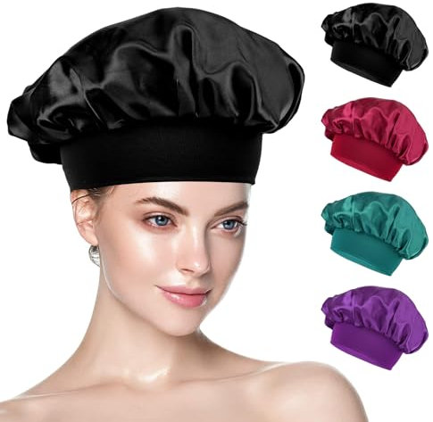 Yiows Silk Bonnet Seidenhaube zum Schlafen, 2 Stück Haarhaube aus Seide, Haarwickel, Schlafmützen für Frauen und Mädchen(Schwarz,Rot,Violett,Cyan)