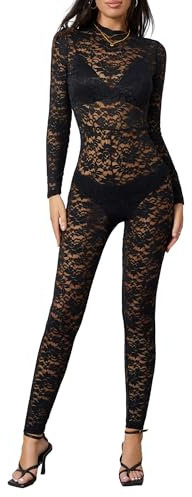 Dubute Mono sexy con pantalones largos de encaje para mujer, con malla, agujeros, con transparencias, ropa para discoteca, Negro a, M