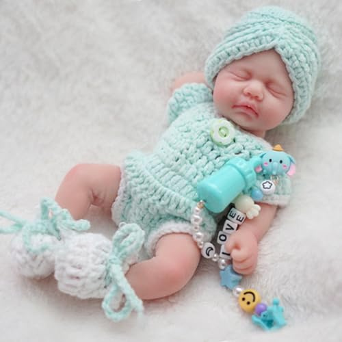 MYREBABY Mini Ganzkörper Silikon Reborn Babypuppe 17.8 cm - Miniatur Lebensechte Schlafende Mädchen Handgröße Neugeborene Mit Fütterungszubehör
