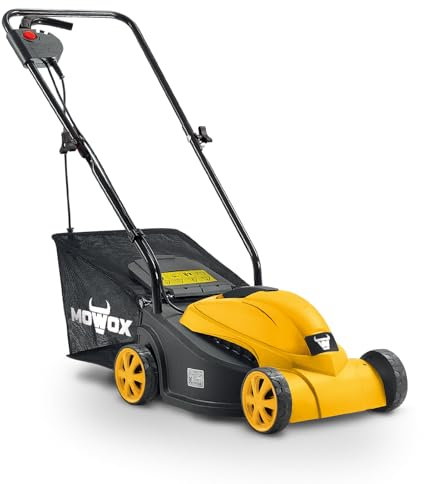 MOWOX POWER Piccolo Tagliaerba Elettrico, 1000W, Larghezza di Taglio di 32 cm, Tosaerba con Regolazione dell'Altezza su 3 Posizioni, Manubrio Pieghevole, Sacca Raccogli-Erba da 30L