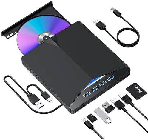 Unità CD DVD esterna, masterizzatore portatile CD/DVD RW USB 3.0 e tipo C, con slot SD/TF e 4 porte USB, sottile unità disco ottico per laptop, Windows, Linux, MacBook e iMac