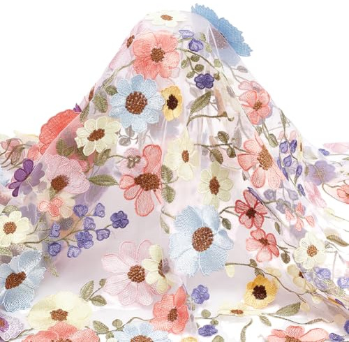 WADORN 1 Yards 3D Blumen Bestickter Spitze Stoff, 150cm Breiter Weiche Bunt Stickerei Spitzenbesatz Blumenstoff Vintage Blumenstickerei Netzspitze Für Nähen Stoff Basteln