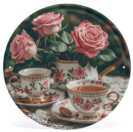30 x 30 cm rundes Eisenbild zum Aufhängen, Teetassen mit Rosen, romantisch, bedruckt, moderne Eisenplatte, zum Aufhängen, Gemälde, rundes Kunstbild für Zuhause, Wanddekoration