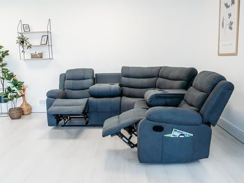 sleepkings Sorrentino Corner Recliner Sofa - Grey Soft Chenille Fabric - Manual Recliners with Drink Holders - Reclining Corner Sofas for Living Room