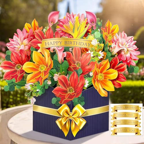 Happivue Pop Up Birthday Cards for Women, 3d Bouquet Happy Birthday Card | Paper Dahlia Flower Greeting Card Gift for Mum Sister Auntie Daughter Grandma, Mothers Day Card with Envelope