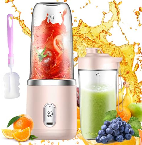 Batidora de Vaso Portatil, Afenau 400ML Mini Licuadora Portatil con Cepillo y Vaso de Repuesto, Cargador USB Batidora Portatil Batidos para Batidos, Zumos, Smoothies (Rosa)