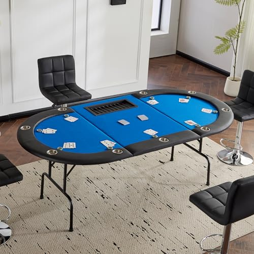 Mingone Oval Pokertisch Klappbar für 9 Spieler, Poker Table 208x106 cm | Getränkehalter aus Edelstahl Spieltisch, Blackjack, Roulette Tisch, Deko Casino Pokermit, gepolsterte Armauflage blau
