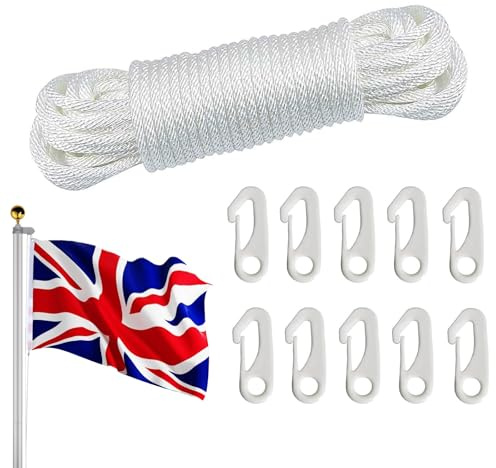 dogmoon Nylonflagga rep flaggstång, 20 m flaggstång rep med flaggstångklämma, 6 mm flaggstång, halyard rep-kit, träd gungrep med 10 flaggstångsklämma för utomhus segelbåt trädgård camping (vit)