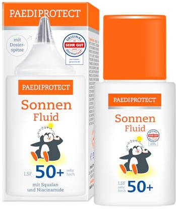 PAEDIPROTECT Fluido solar SPF 50+ 30 ml, protector solar nutritivo con escualano y práctica punta dosificadora para bebés, niños y adultos, sin perfume ni microplástico, vegano