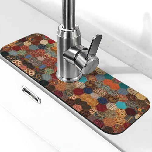EZDLOWVBA Tapis de robinet de style africain à imprimé patchwork pour évier de cuisine, tapis absorbant en diatomite, protection anti-éclaboussures pour salle de bain et cuisine (38,1 x 14 cm)