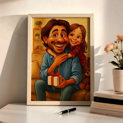 Funmii Cornice Foto Personalizzata Cartoon in Legno – Ritratto Foto Cartoon, Illustrazione per Famiglia o Coppia, Regalo Romantico per Compleanni, Matrimoni, Anniversari o Decorazione Casa