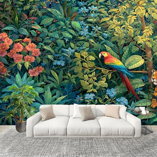 Mural Papel Pintado 3D 400x280cm Animales Y Flores De La Selva Fotomurales Tejido No Tejido Antiarrugas Póster Verde Murales Fotográfico Moderno Decoración de Paredes