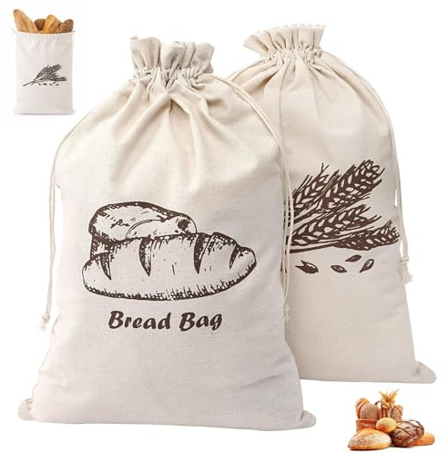 2PCS Bread Storage Bags, Reusable Linen Bread Bag with Drawstring, Bread Bags to Keep Bread Fresh for Homemade Sourdough, Baguettes, and Bakery Items-30cm x 45cm