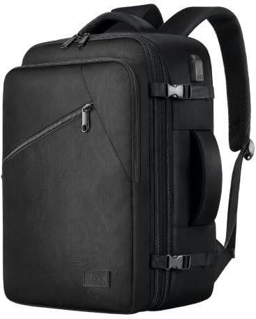 ANNMOR Handgepäck Rucksack, 24L Ryanair Handgepäck 40x30x20, Erweiterbar Rucksack bis zu 30L mit 15.6 Zoll Laptopfach & USB-Anschluss, Reiserucksack für Weekender, Kurzreisen - Schwarz