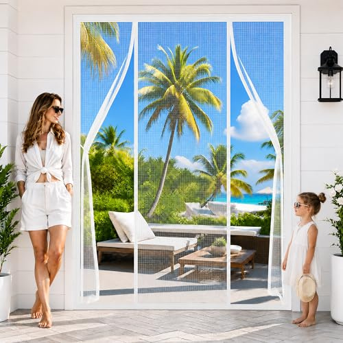 Reinforced Double Opening Magnetic Screen Door White 175x200cm Double Door Anti-Tearing Fly with Hook Loop Powerful Magnets No Drilling No-Gap Magnet Seam Large Screen