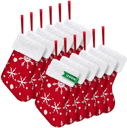 Bonison 12 Stück Weihnachtsstrümpfe, 25,4CM Rot Weiß mit Schneeflocken, Nikolausstrumpf zum Befüllen für Kamin & Weihnachtsbaum, Weihnachtsdeko Hängende Socken für Kinder & Familie