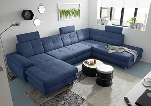 Stella Trading ALBA Wohnlandschaft in U-Form, Stoffbezug Dunkelblau - Ausziehbares Sofa mit Schlaffunktion & Bettkasten - 349 x 88 x 233 cm (B/H/T)