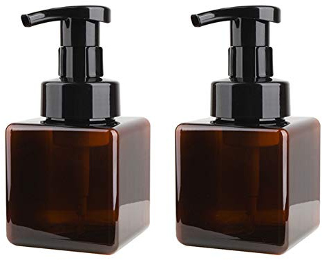 UUJOLY Foaming Soap Dispenser, 250ml (9oz) Refillable Pump Bottle for Liquid Soap, Shampoo, Body Wash (2 Pcs) (Small Amber)