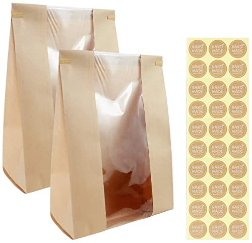 Twdrer 50 Pack Large Kraft Paper Bread Loaf Bag with Clear Front Window,Tin Tie Tab Lock Brown Bakery Coffee Cookie Treat Packaging Bags with 60 PCS Label Seal stickers(14 x 8.3 x 3.5)