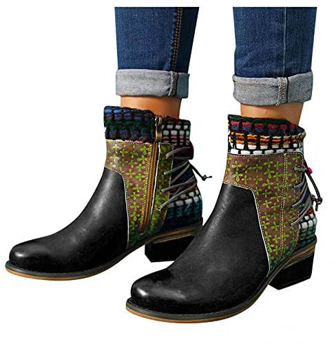 Hbeylia Vintage Boots For Women Ethnic Boho Leather Round Toe Lace Up Chunky Block Mid Heels Ankle Booties Bohemian Retro Steel Toe Dress Mid Calf Short Boots With Side Zipper For Ladies