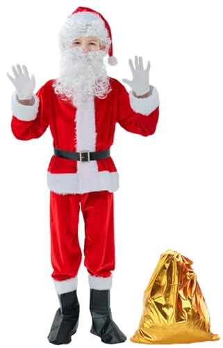 BERVYOSW Boys Santa Costume Kids Santa Suit 9 PCS Youth Santa Costume for Halloween Christmas Holiday Cosplay Party (Medium)