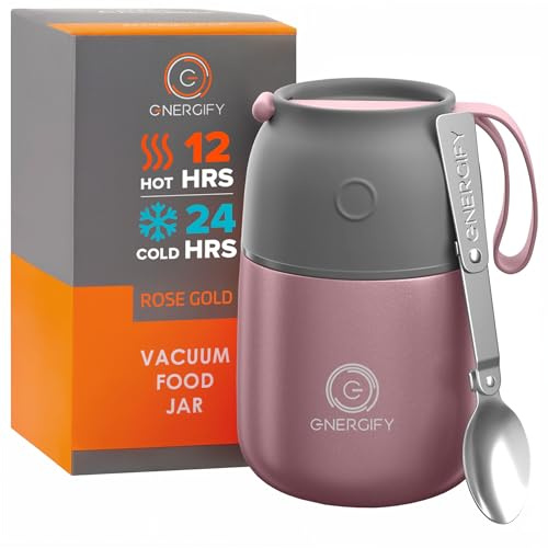 ENERGIFY Vacuum Insulated Food Jar. Large 17oz Bowl incl. Folding Spoon, Cup. Wide Mouth Keep Hot & Cold Drinks Soup Lunch Container for Adults. BPA-Free Stainless Steel, Leak Proof Rose Gold