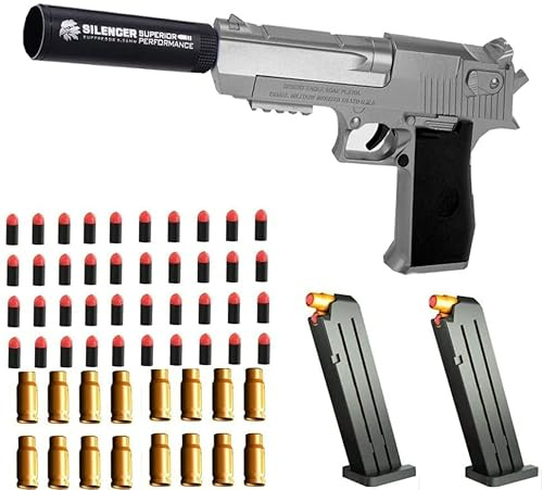 AGDLLYD Spielzeug Pistole,Toy Gun,Wüstenadler,Kinder Pistole mit Schalldämpfer,Schaumstoff-Blaster,40 Darts,1:1 Spielzeugpistole-Look echt,für Sicherheitstraining oder Spiel (grau)