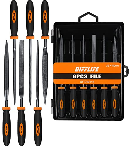 DIFFLIFE Needle File Set (Carbon Steel 6 Piece-Set) File Handles, Hardened Alloy Strength Steel - Set Includes Flat, Flat Warding, Square, Triangular, Round, and Half-Round File(6-Piece)