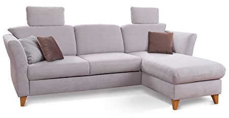 CAVADORE Ecksofa Trend / Skandinavische Eckcouch mit Federkern, Longchair und 2 Kopfstützen / 249 x 86 x 162 / Cord, Hellgrau