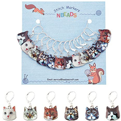 nbeads 12 Stück Katze Maschenmarkierer, 6 Stile Legierung Emaille Katze Häkelstichmarker Charms Abnehmbarer Verriegelungsstichmarker Zum Stricken Weben Nähzubehör Quilten Handgemachter Schmuck