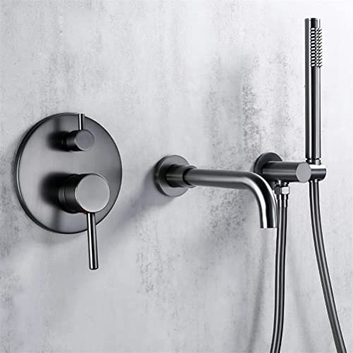 Badewannenarmatur mit Dusche, Wannenarmaturen für heiße und kalte Badezimmer, Duscharmatur-Umsteller aus gebürstetem Messing, mit Auslauf zur Wandmontage, Handschlauch,
