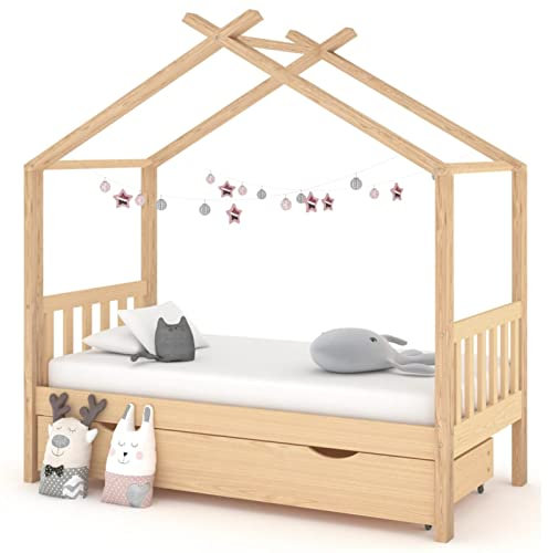 BULANED Babybett mit Schublade, Babybett, Hausbett, Baby Bett, Betten, Massivholz Kiefer 80x160 cm