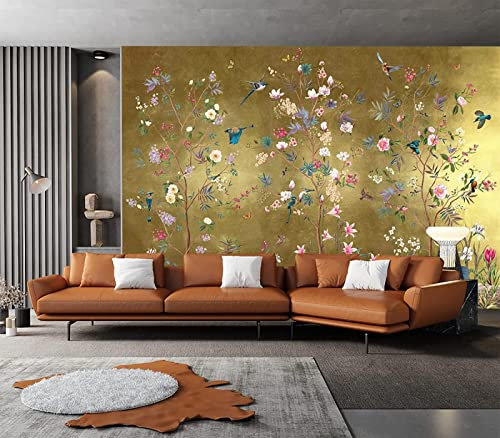 Tapete 3D Wandbild Blumen Und Vögel Vintage Stil Fototapete 3D Effekt Vliestapete Wohnzimmer Schlafzimmer Wanddeko