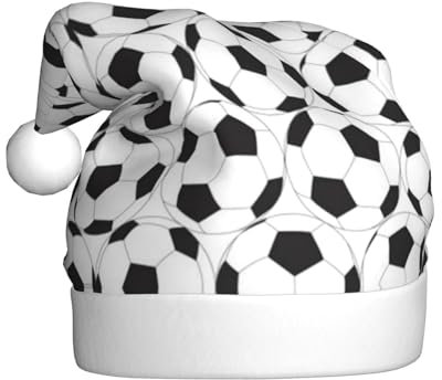 Schwarz-Weiß-Fußball-Muster-Weihnachtsmütze, Weihnachtsmann-Mütze für Erwachsene Druck-Komfort-Plüsch-Weihnachtsmütze für Weihnachten Neujahr Liefert