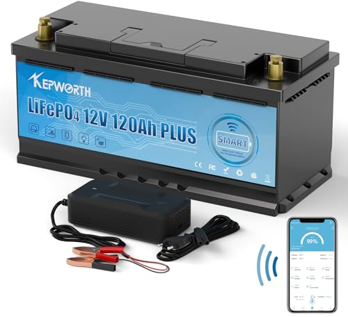 KEPWORTH 12V 120Ah LiFePO4 Batterie, 100A Bluetooth BMS, Max. 15000 Zyklen Deep Cycle Lithium Akku, Perfekter Ersatz für Blei-Säure Batterien für Wohnwagen, Camping, Boote, Solaranlage