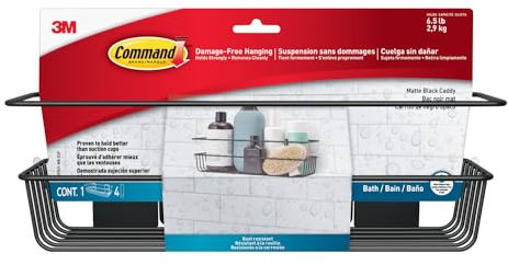 Command Bath Shower Caddy, Matte Black - 1 Caddy + 4 Water-Resistant Strips - Bathroom Shower Storage Organiser, Bath Shelf, Damage Free Hanging - Holds up to 3 kg
