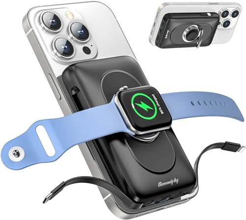 Powerbank 5IN1 mit 2 Kabeln, 10000mAh magnetische Wireless Powerbank mit Schellen & Ständer, Schnelles Laden Externes Akkupack, für iPhone 16/15/14/13/12 iWatch Series