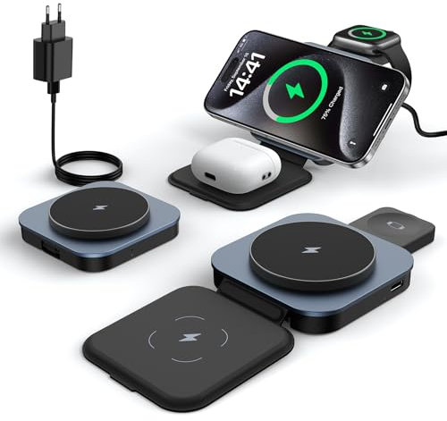 KEEPRO für MagSafe Ladegerät, 3 in 1 Ladestation für Apple Watch Und iPhone, Faltbar Kabelloses Wireless Charger Ständer für iPhone 16/15/14/13/12, AirPods Pro/4/3/2 & Apple Watch mit Adapter-Schwarz