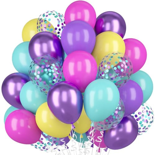 Bluelves Luftballons Lila Rosa Blau Gelb, 60 Stück, Bunt, Rosa Blau Gelb Lila Metallic, Konfetti, für Mädchen Frau Geburtstag Hochzeit Party Deko