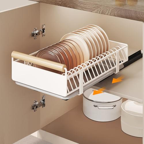 YonGYun Teleskopschublade Nachrüsten Ausziehbare Schubladen, Teller Schrank Organizer küche Geschirrabtropfgestell mit Abtropfschale für Küche & Wohnzimmer, Kein Bohren (Weiß, Mittel A)