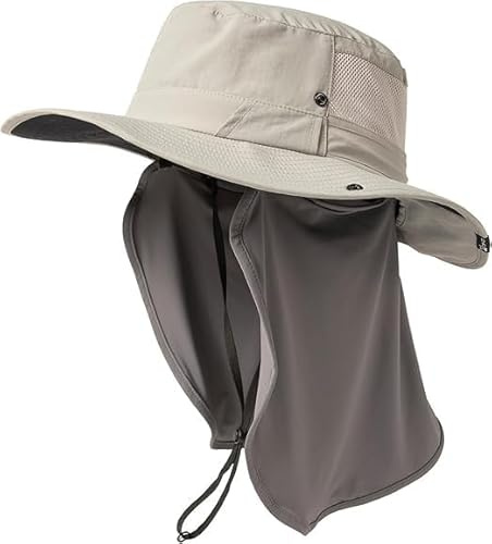 TOP-EX XL/XXL Mens Sun Hat with Sunglass Lock UV Protection Wide Brim Summer Hats with Neck Flap Waterproof Outdoor Fishing Hiking Safari Packable 94603_Grey L/XL