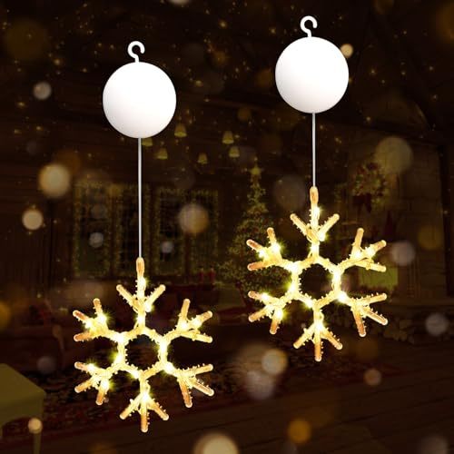 Gresonic LED Schneemann Schneeflocke 2 Stück, LED Lichtervorhang Warmweiß Batteriebetriebene mit Saugnäpfe, Fenster Lichterkette Innen für Weihnachten Deko, Balkon, Party, Hochzeit，Fest