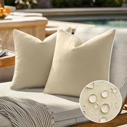 EMEMA Wetterfest Kissenbezug Outdoor 45x45 Beige Wasserdicht | Sofakissen Dekokissen Kissenbezüge Dekorativ Kissen Kissenhülle aus Polyster für Garten Sofa Wohnzimmer Bett 2er Set