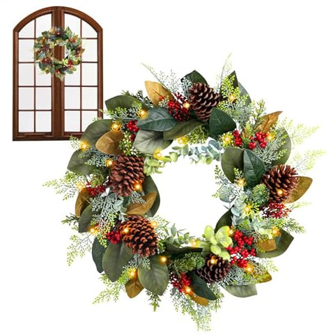Weihnachtstürkranz beleuchtet, Weihnachtskranz mit Lichtern,Tannenzapfengirlande | Weihnachts-Türkranz, Blätter, Tannenzapfen, Weihnachtskranz, Dekorationen für den Wandurlaub