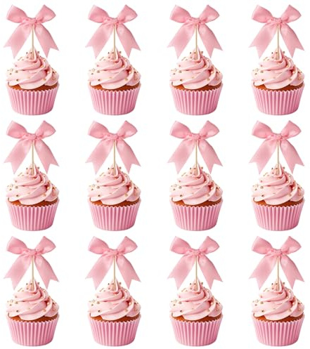 12st Rosa Rosett Cupcake Toppers, Bowknot Cupcake Toppers Rosa Bandet Rosett Cake Topper Rosett Cupcake Picks Rosa Rosett Födelsedagsdekorationer för Bröllop Baby Shower Svensexa