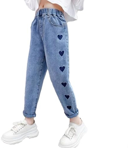 es-uk Casual Elastic Waist Girls Jeans with Back Pockets - Perfect Kids Jeans for Ages 6-12, Comfortable Girls Trousers for Everyday Wear