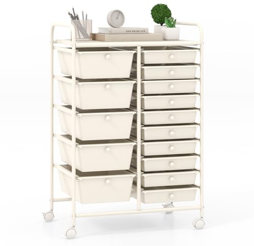 COSTWAY Rullvagn med 15 stapelbara lådor, lådvagn, rullbehållare med metallram och förvaringsyta, badrumsrullvagn, förvaringsvagn för kontor, vardagsrum, 63 x 37 x 87 cm (vit)